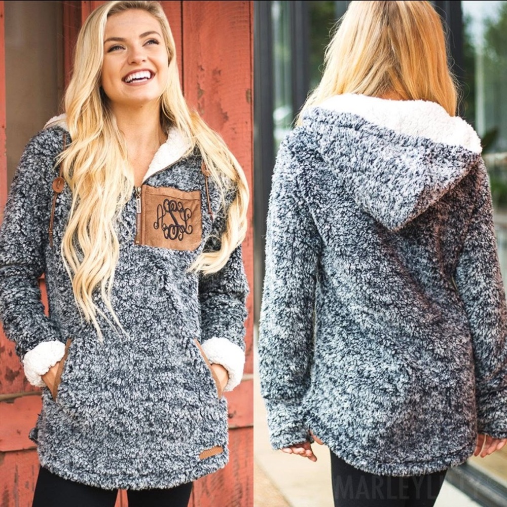MARLEYLILLY Gray & White Sherpa with Brown Suede Detail, Oversized Hoodie